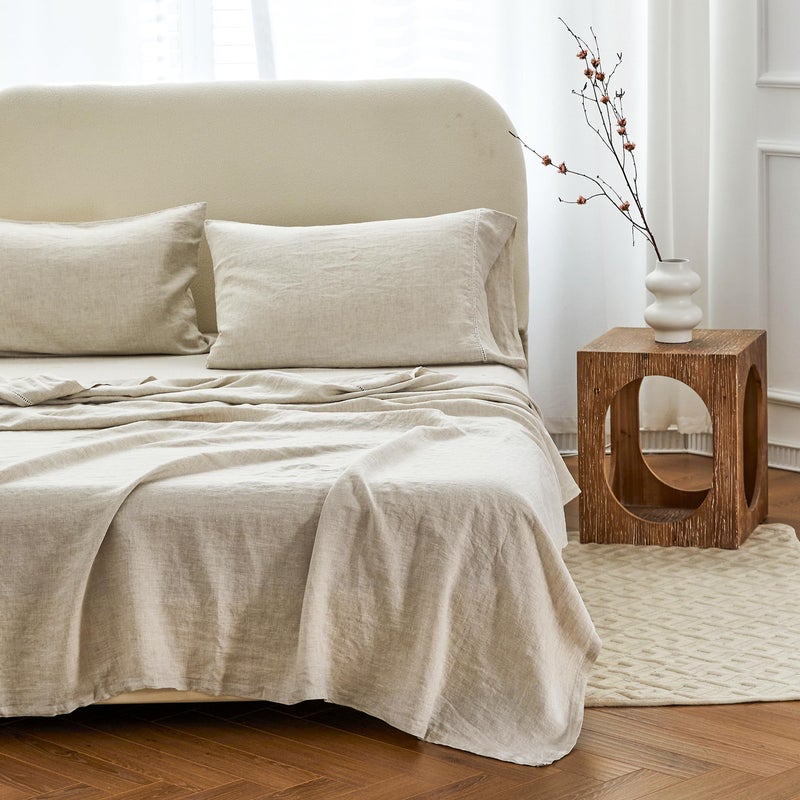Simple&Opulence 100% Linen Hollow Hemstitch Sheet Set -4 Pieces European Flax Pure Washed Bed Sheets (1 Flat Sheet, 1 Fitted Sheet,2 Pillowcases) -Breathable and Soft (Hemstitch Linen, Full) - Image 1